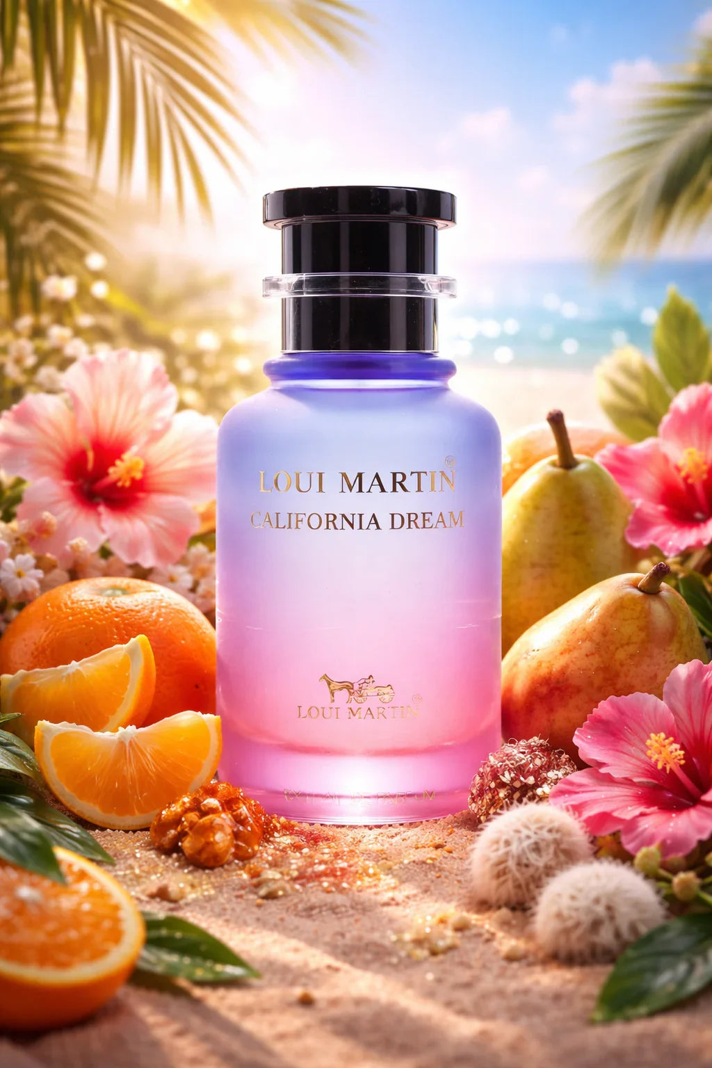 Flacon de parfum Loui Martin California Dream sur plage avec fruits, fleurs exotiques et palmier