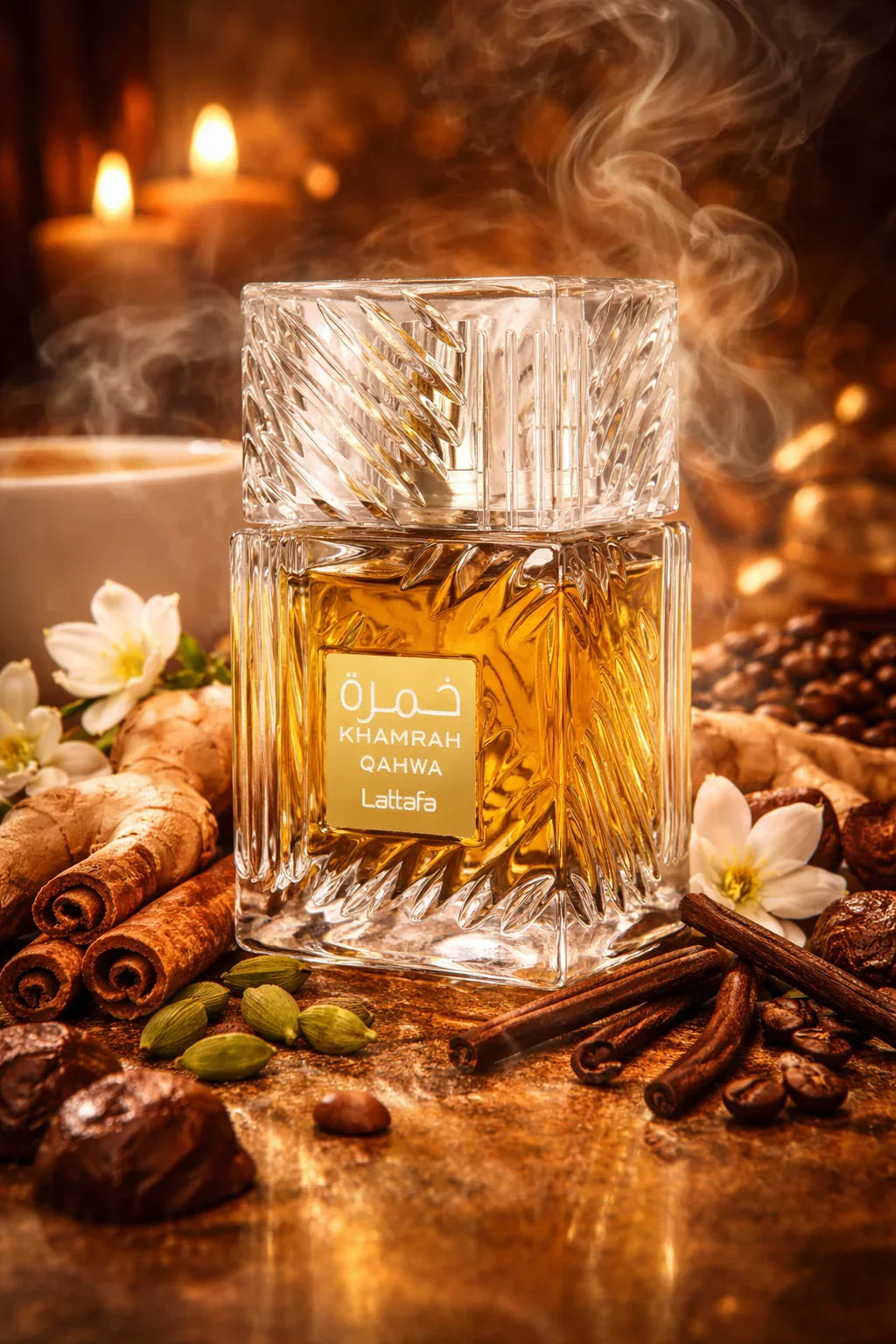 Flacon de parfum Khamrah Qahwa Lattafa entouré d'épices orientales, café et fleurs, ambiance chaleureuse