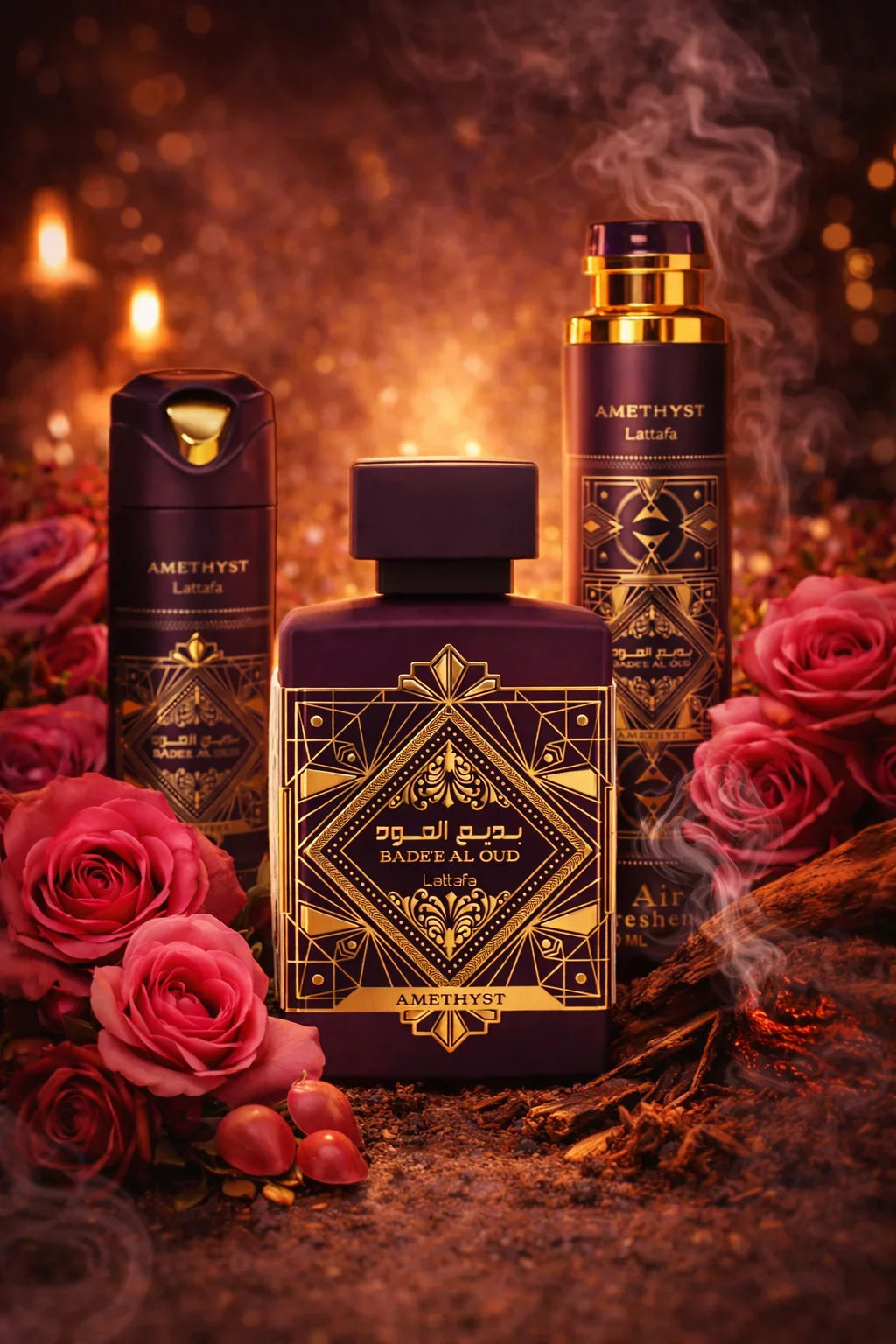Coffret parfum Amethyst Lattafa avec flacons ornés dorés, roses rouges et fumée orientale, ambiance luxe