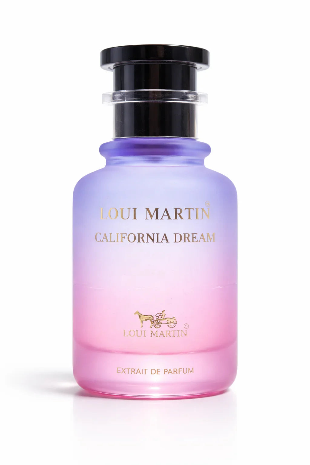 Flacon de parfum Loui Martin California Dream rose et violet en verre avec bouchon noir, extrait de parfum