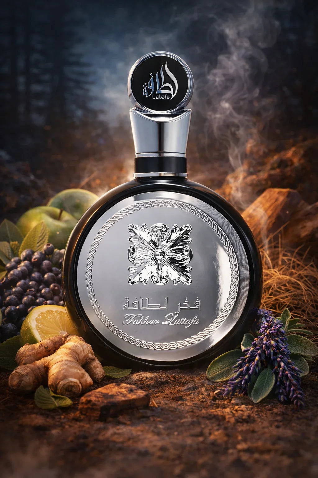 Flacon de parfum Fakhar Lattafa argenté entouré de gingembre, lavande, pommes vertes, raisins et citron en ambiance boisée fumée