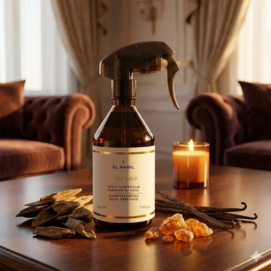 Spray d'intérieur El Nabil Royal Gold parfum au musc sur table en bois avec morceaux de résine, vanille et bougie allumée dans salon cosy