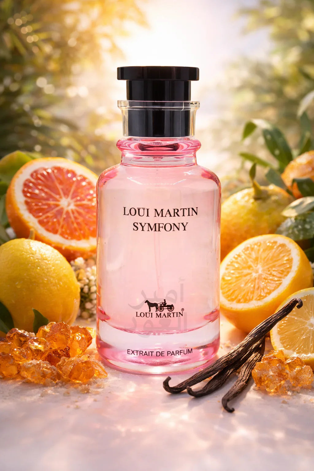 Flacon de parfum Loui Martin Symphony entouré d'agrumes, vanille et ambre, ambiance lumineuse naturelle