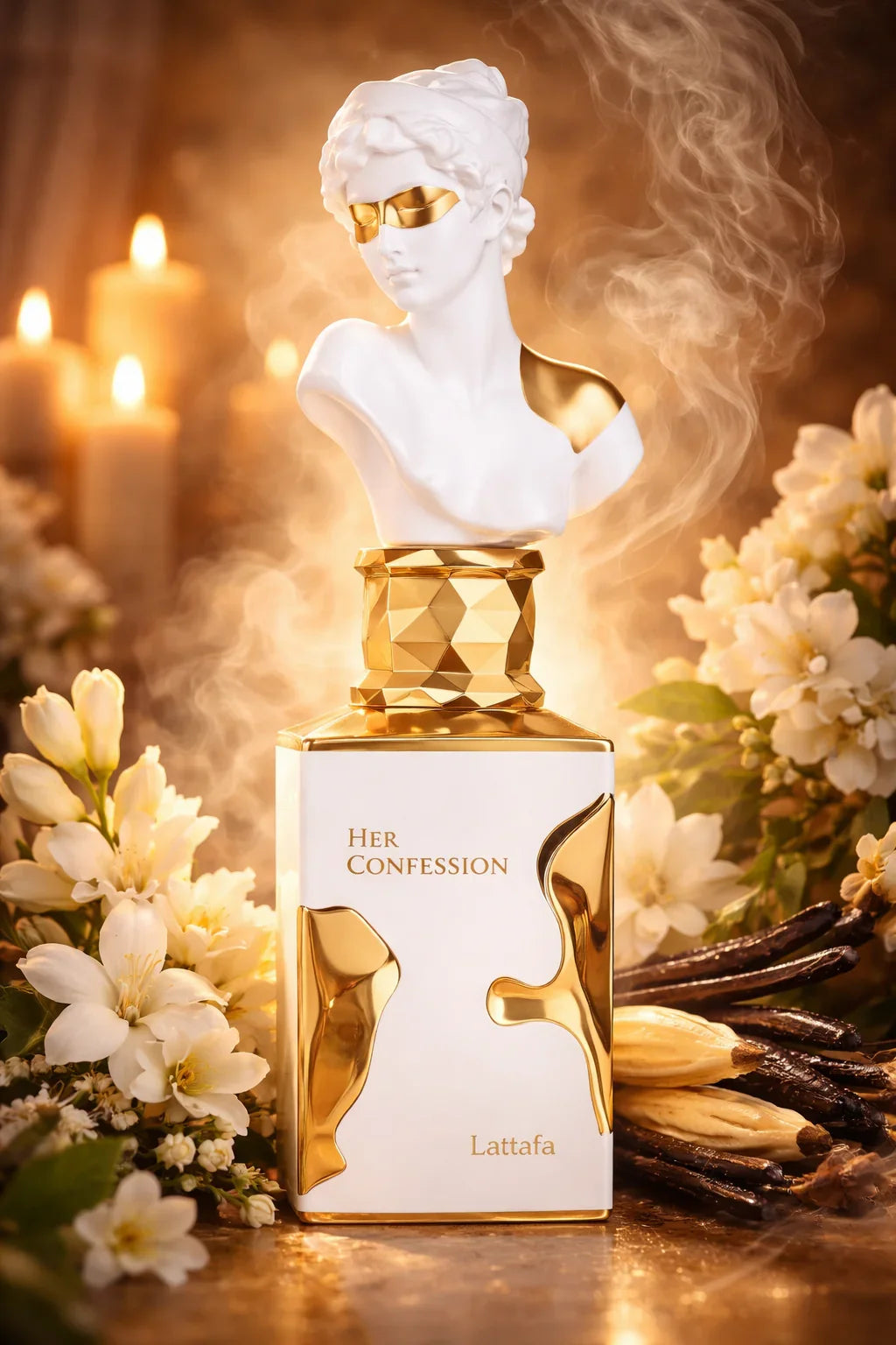 Flacon de parfum Her Confession Lattafa blanc et or avec bustes, entouré de fleurs blanches et de bougies allumées