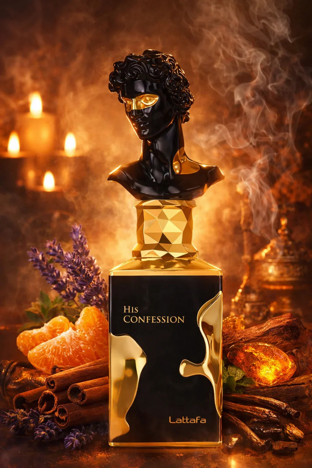 Flacon de parfum Lattafa His Confession noir et doré avec tête sculptée, cannelle, mandarine et lavande